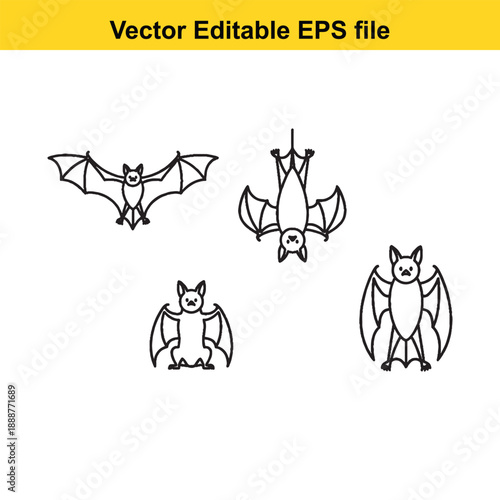 Four cartoon bats flying and hanging upside down in black lines on white background