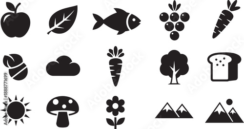 Black silhouette icons of food, nature, and landscape elements, for website or app UI, isolated on transparent background, png