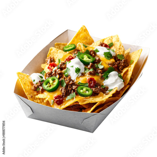 Loaded nachos with beef, cheese, jalapeños, and sour cream on takeaway paper tray, isolated die-cut.