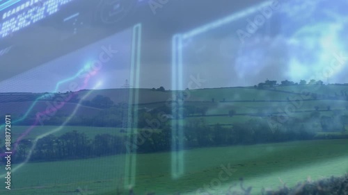 Code appearing, cyan bars pulsing, sphere fading, scan line sweeping fields for data overlay