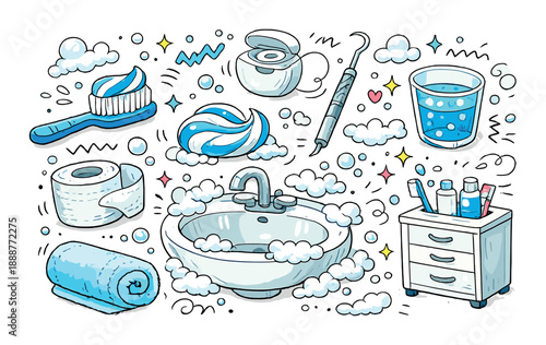 Cartoon bathroom objects with sink and hygiene tools in blue and white