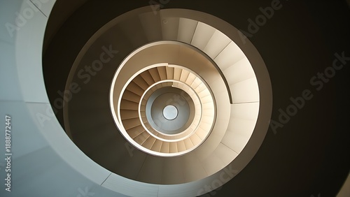 narrowing. Aerial view of a spiral staircase structure narrowing towards the top in minimalist concrete architecture. real-estate listings.