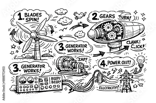 Wind turbine energy generation process illustrated in a comic style guide