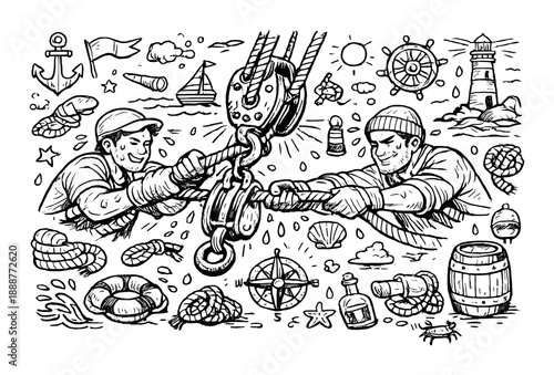 Two sailors competitively pulling ropes on a nautical-themed adventure