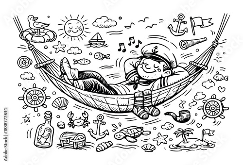 Cartoon pirate relaxing in hammock surrounded by nautical and tropical elements