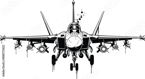 Photos Modern Fighter Jet Front View Illustration with Missiles and Landing Gear, Power