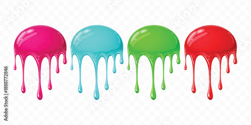 realistic 3d glossy liquid paint droplets dripping down in different color style isolated on transparent background