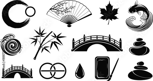 Zen Japanese Icon Set Featuring Brush Circle, Fan, Bamboo, Bridge, Koi Fish and Minimal Nature Symbols in Black and White Style