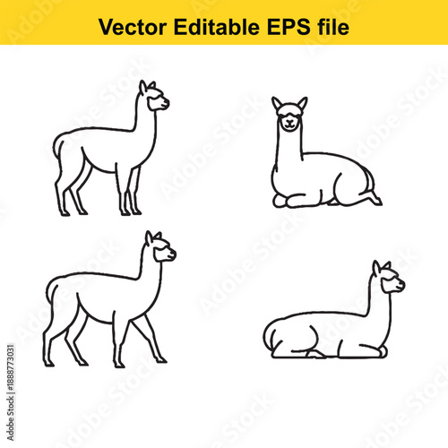  Four llamas in different poses black outline vector illustration