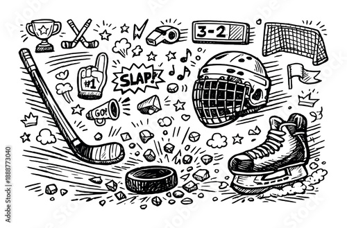 Chalkboard hockey doodles: gear, symbols, and sporting elements in black and white