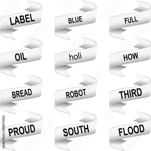 A collection of twelve white ribbon banners, each displaying a single word in black uppercase text, arranged in a grid.