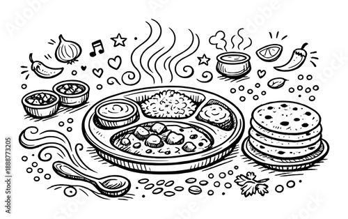 Traditional indian meal sketch with spices, curry, rice, and roti on black background