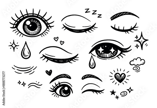 Black and white stylized eye illustrations with hearts and stars on dark background