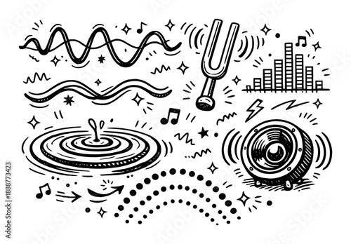 Black and white musical elements with tuning fork, waves, and sound speaker