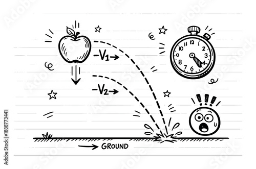 Cartoon representation of gravity impact on apple with stopwatch and surprised face
