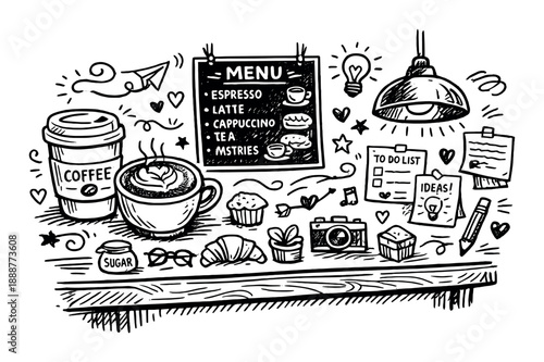 Black and white coffee shop doodle with menu and cafe essentials