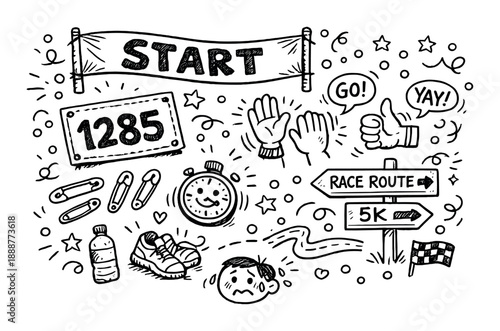 Hand-drawn marathon symbols with shoes, stopwatch, and race route signage