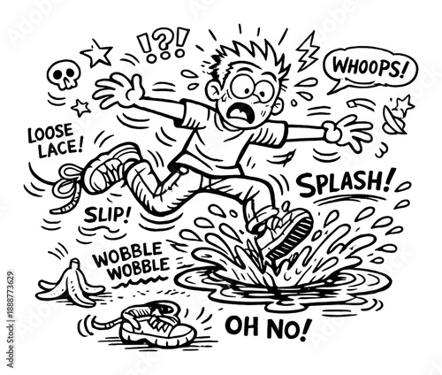 Cartoon character slipping on banana peel with expressions of surprise