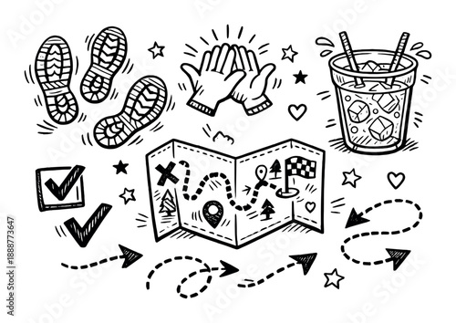 Nighttime adventure: footprints, high five, map, and drink in doodle style