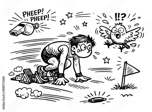 Cartoon boy sprinting from viral city amid whistle sounds and alarmed bird