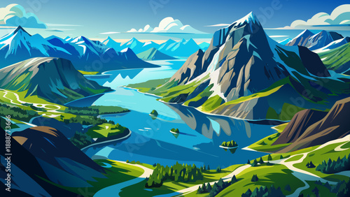 Very beautiful aerial view of Holandsfjorden in Nordland, Norway, reveals dramatic fjords, deep blue waters, and rugged mountain terrain shaped by glaciers and pristine Scandinavian wilderness.