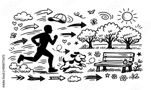 Silhouette of person jogging with dog in park scene with trees and bench
