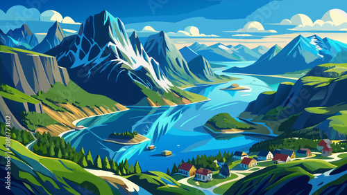 Very beautiful aerial view of Holandsfjorden in Nordland, Norway, reveals dramatic fjords, deep blue waters, and rugged mountain terrain shaped by glaciers and pristine Scandinavian wilderness.