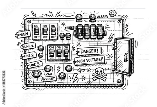 Hand-drawn electrical panel with switches and warning signs