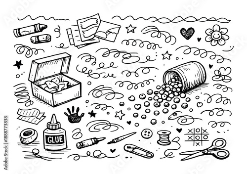 Creative chaos: art supplies exploding in doodle style with playful patterns