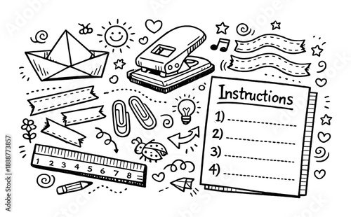 Creative doodle: instructions and stationery with playful hand-drawn elements