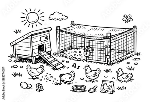 Chickens feeding in sunny farmyard with coop, fence, and sun illustration