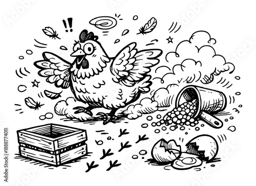 Cartoon chicken chaos with broken eggs and feathers in black and white scene