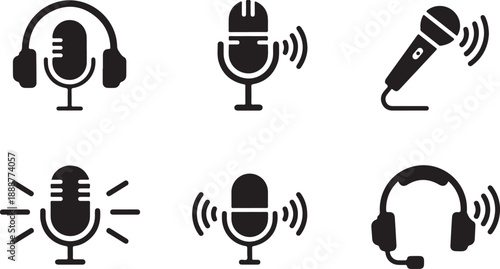 Collection of microphone and headphone icons for audio recording and playback