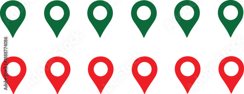 A row of green and red map pin icons on a white background