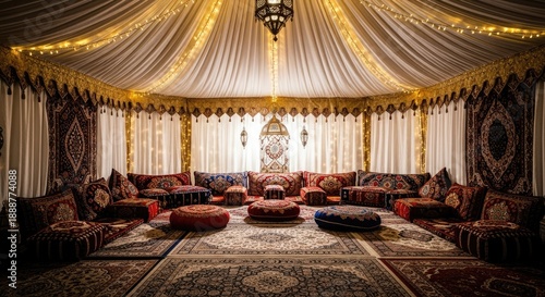Luxurious Moroccan Tent Interior with Traditional Seating and Ornate Decor.