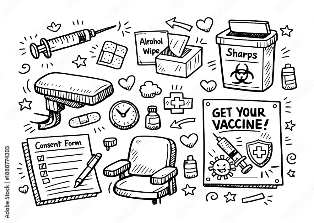 Fototapeta premium Hand-drawn vaccine station elements with injection, consent form, and vaccine poster