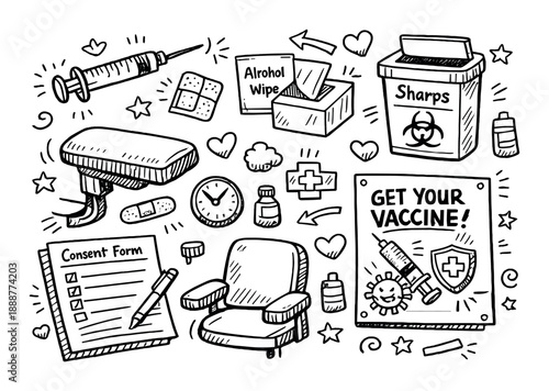 Hand-drawn vaccine station elements with injection, consent form, and vaccine poster