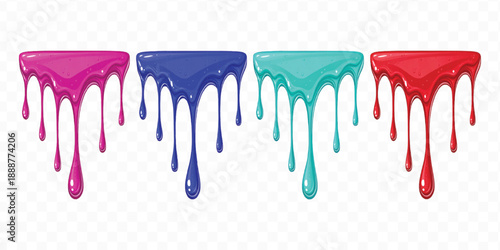 realistic 3d glossy liquid paint droplets dripping down in different color style isolated on transparent background