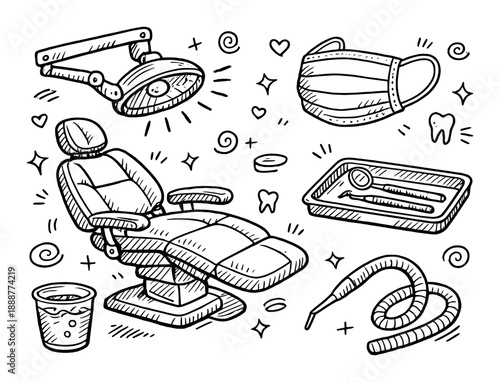 Hand-drawn dental office elements with chair, tools, and mask on dark background