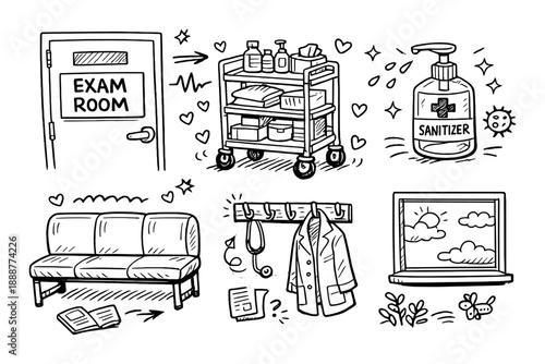 Healthcare cartoon: exam room, supplies, sanitizer, waiting area, medical coat, laptop