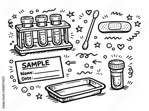 Hand-drawn medical lab elements with test tubes and sample labels