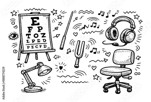 Chalkboard art of vision chart, headphones, and office tools on black background