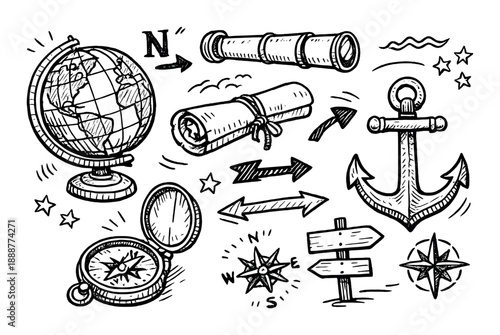 Hand-drawn nautical elements: globe, telescope, compass, anchor, map on chalkboard background