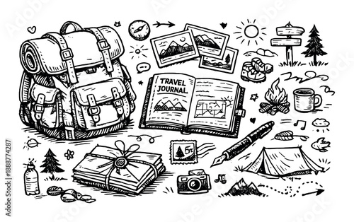 Adventure travel essentials illustrated with backpack and camping gear