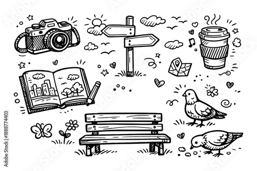 Hand-drawn urban sketch: camera, park bench, birds, direction signs, coffee cup, map, book