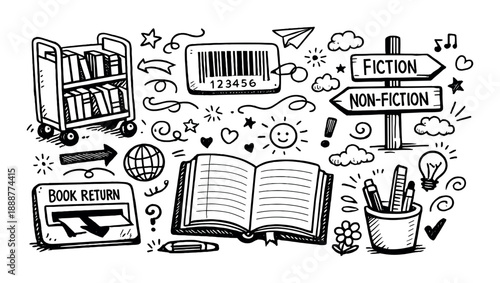 Doodle art of library elements with books, barcode, and stationery