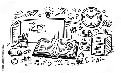 Creative workspace sketch with open book, clock, and office supplies