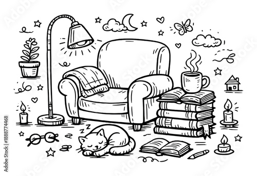 Cozy reading nook with armchair, sleeping cat, and stacked books under night sky