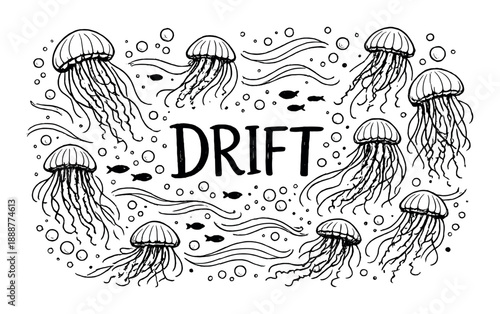Monochrome jellyfish and marine life with flowing lines and bubbles