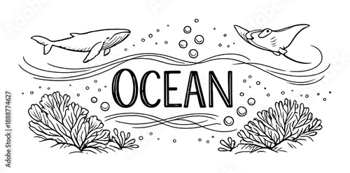 Ocean wildlife illustration with whale, manta ray, and coral